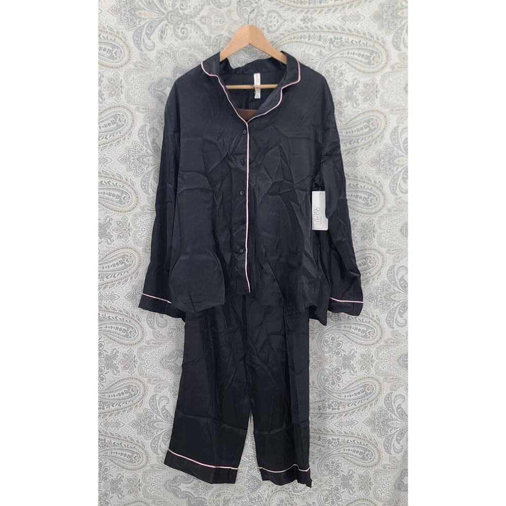 Gilligan & O'Malley women's black satin pajama set pants & button up Size 2XL